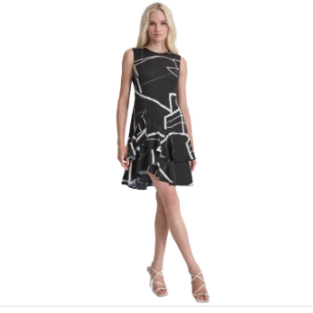 Dkny Women's Printed Double-Layer Fit & Flare Dress - Black Eggshell